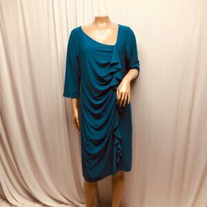 Christine Dress Womens Size Large Teal Draped Side Ruffle Stretch Knee Length